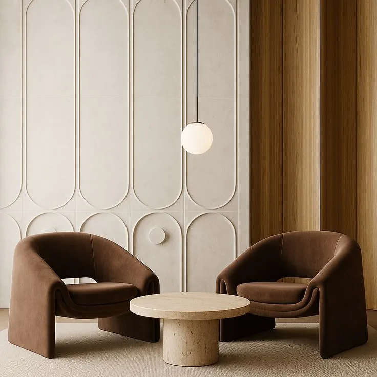 Twee zachte fauteuils bij een ronde tafel voor een wand met lichte panelen