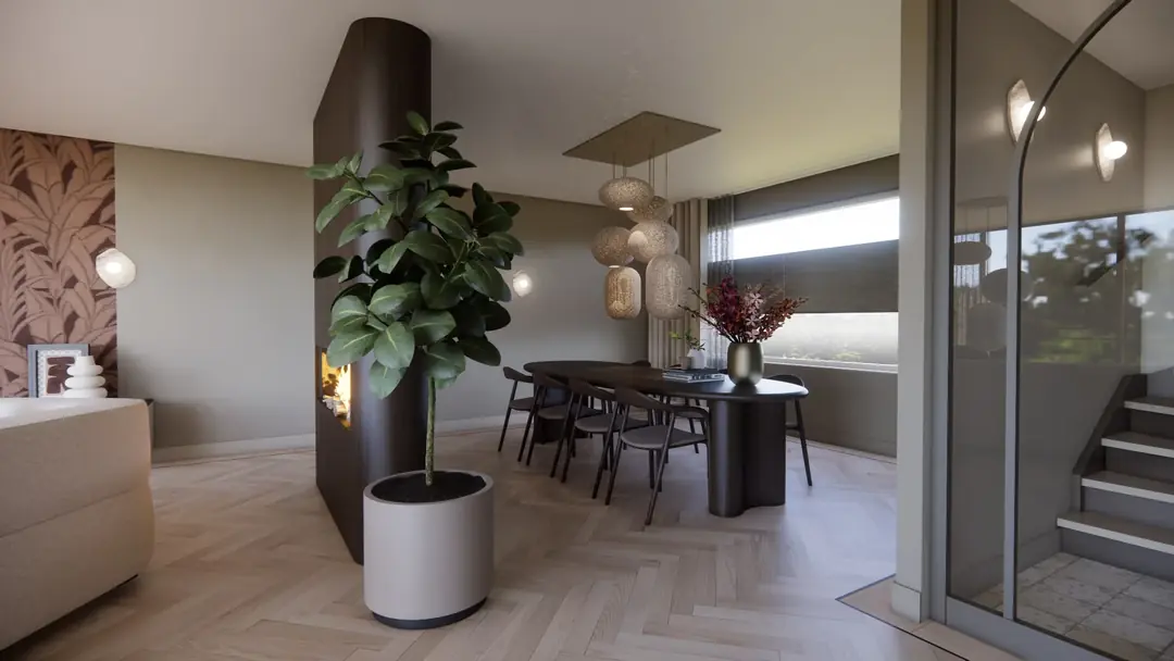 3D visualisatie van de eetkamer met donkere eettafel, glazen stalen deuren en een haard in de roomdivider