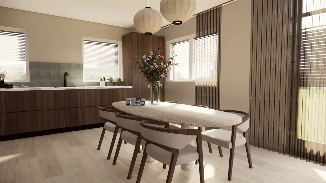 3D-visualisatie van een eetkeuken met ovale eettafel, houten stoelen en papieren hanglampen
