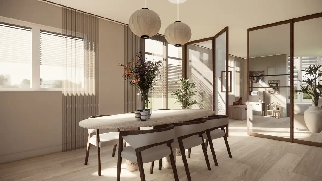 3D-visualisatie van een eetkamer met ovale tafel, ronde hanglampen en glazen ensuite-deuren