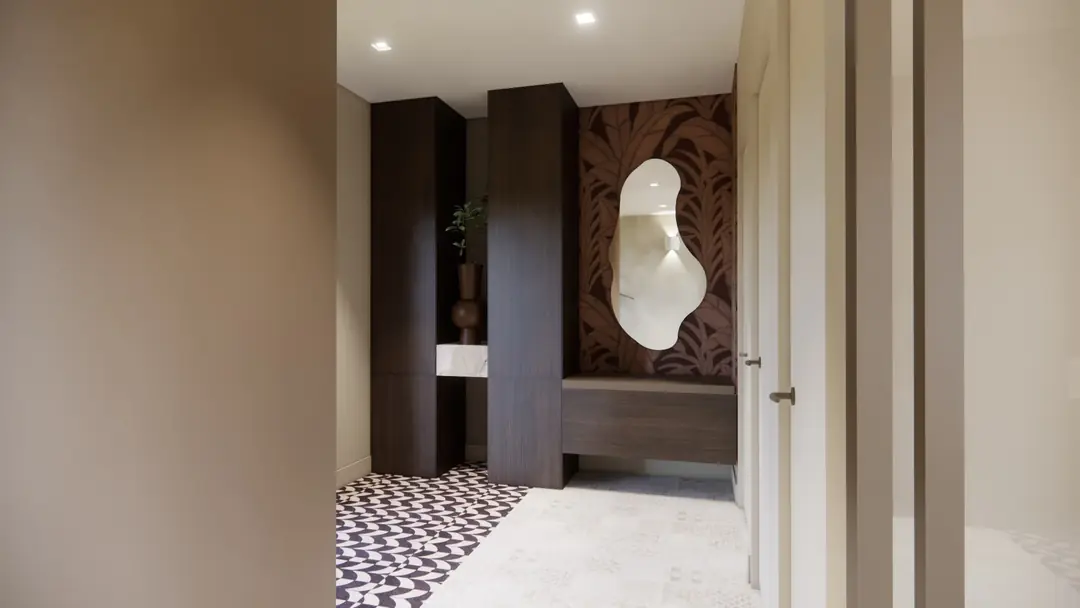 3D visualisatie van de hal met organische spiegel, palmblad behang en donkerhouten kasten