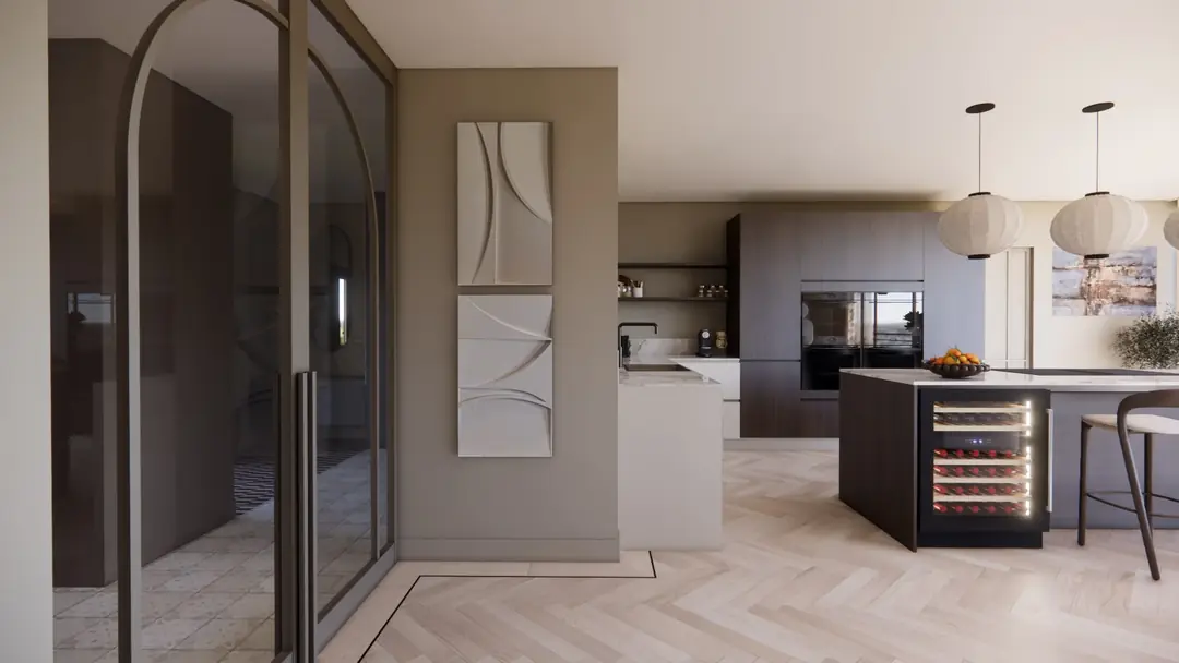 3D visualisatie van de keuken met boogdeur, wijnklimaatkast in het keukeneiland en visgraatvloer