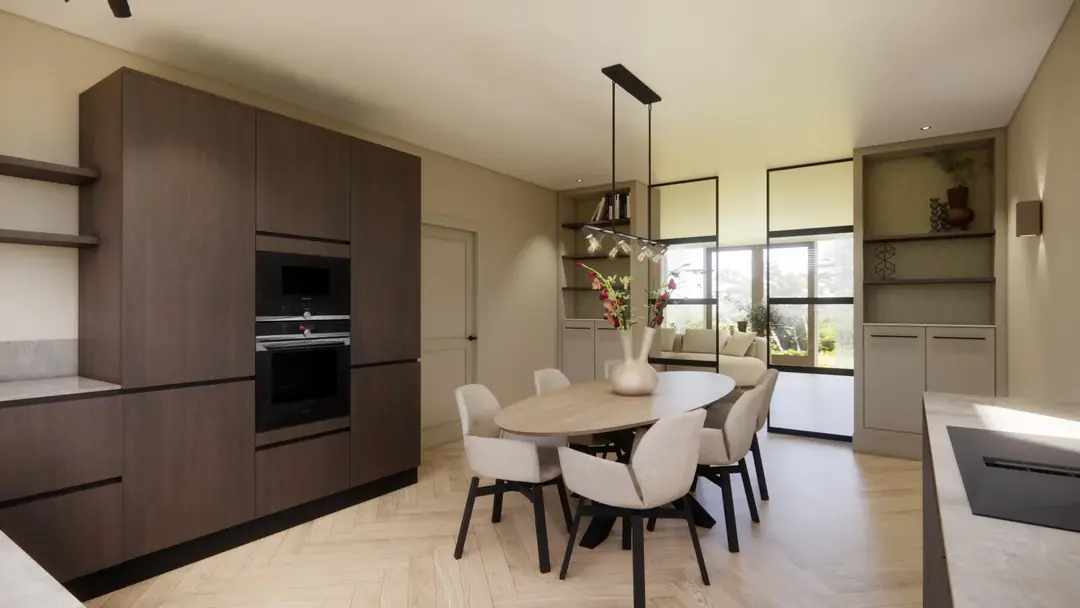 3D visualisatie van de keuken met donkerhouten fronten, eethoek met ovale tafel en stalen glazen deuren