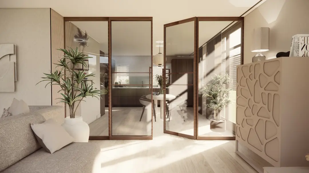 3D-visualisatie van een lichte woonkamer met glazen stalen deuren, een organisch gevormde houten wand en een plant