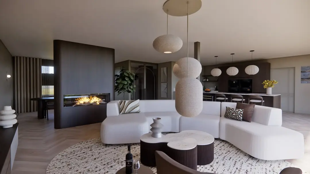 3D visualisatie van de woonkamer met witte hoekbank, gebogen haardwand en papieren hanglampen