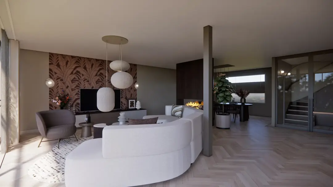 3D visualisatie van de woonkamer met tv tegen palmblad behang, grijze hoekbank en glazen stalen deuren
