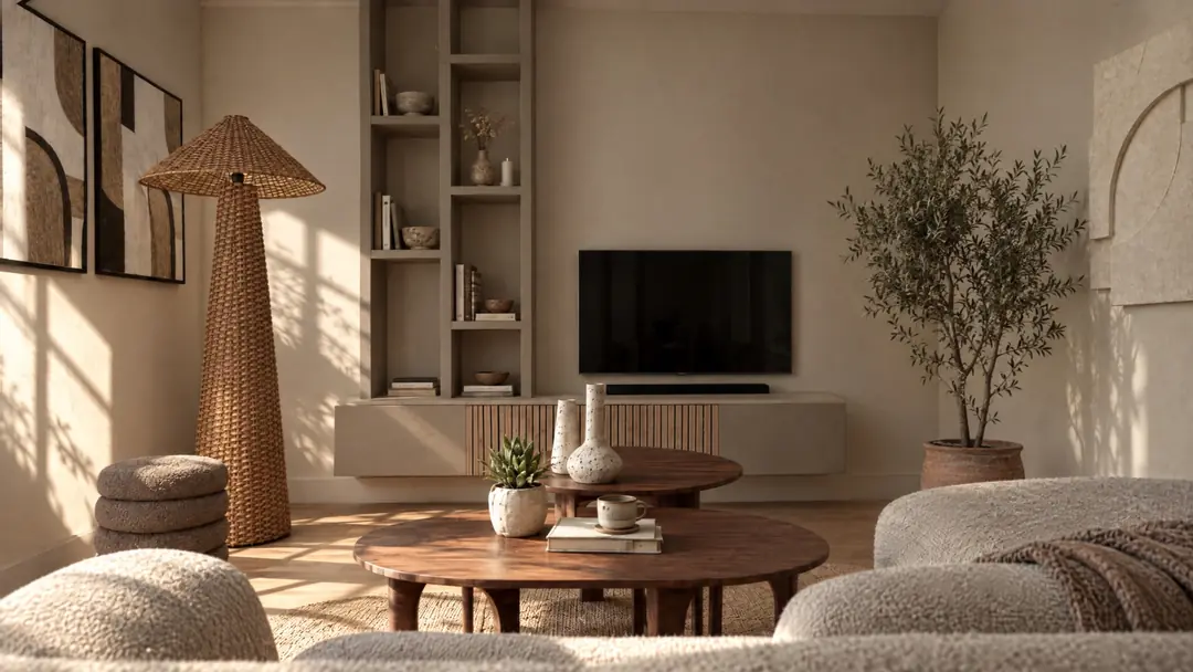 Impressie van de woonkamer met tv-wand zoals die in het echt wordt: maatwerk vakkenkast, rotan vloerlamp en walnoten salontafels