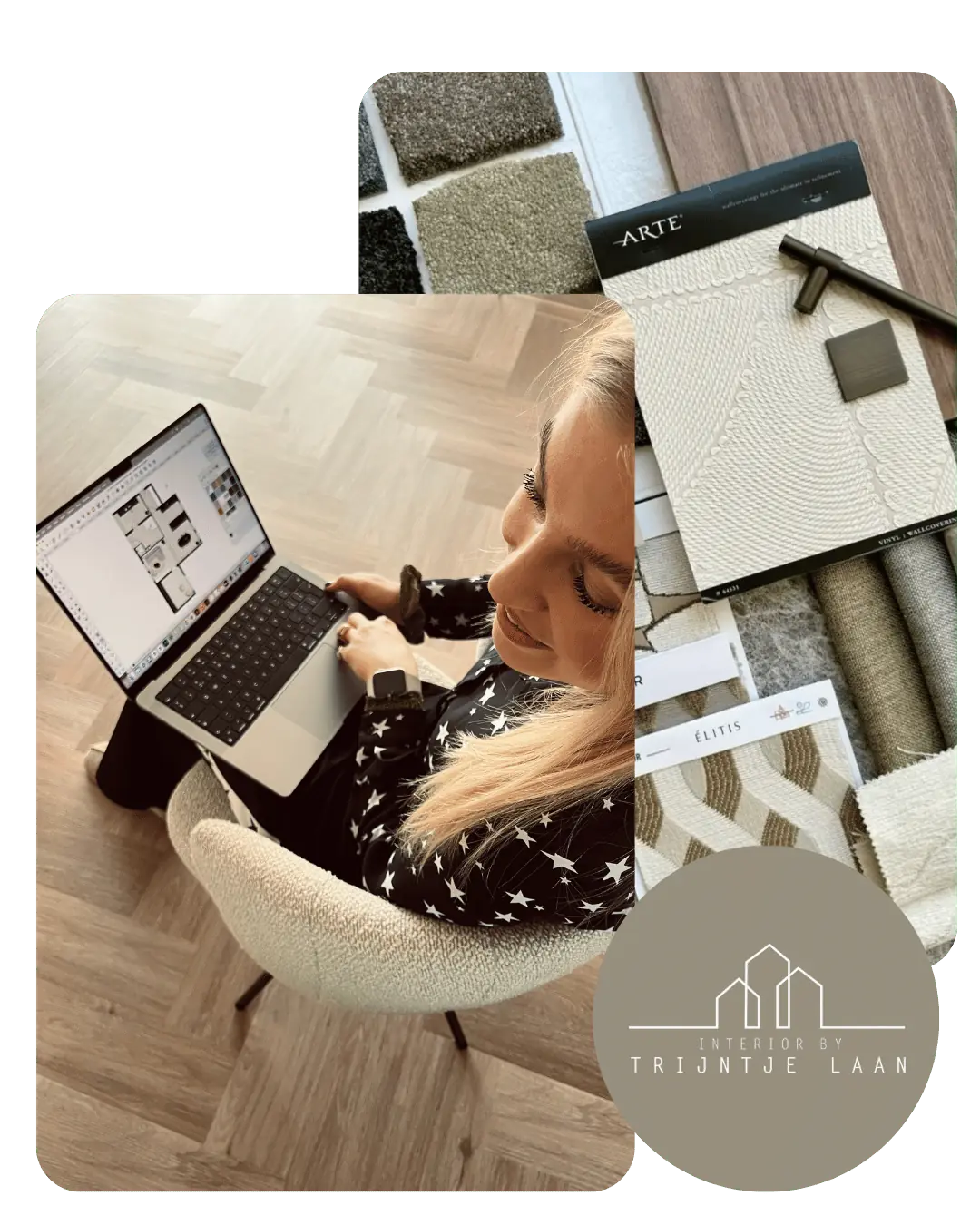 Collage: Trijntje aan het werk op haar laptop, materiaalstalen en het logo van Interieurstudio Laan